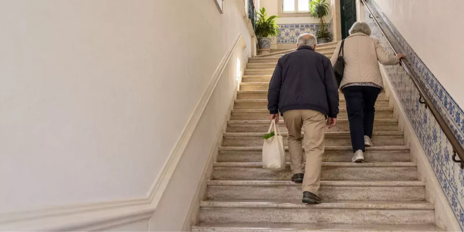 Casal sénior de costas a subir as escadas de um prédio sem elevador, com um saco de compras e apoio no corrimão