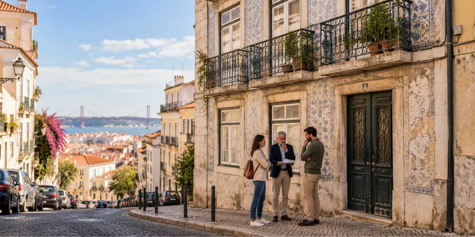 Três herdeiros conversam junto a uma casa antiga no centro de Lisboa sobre a venda de um imóvel herdado.
