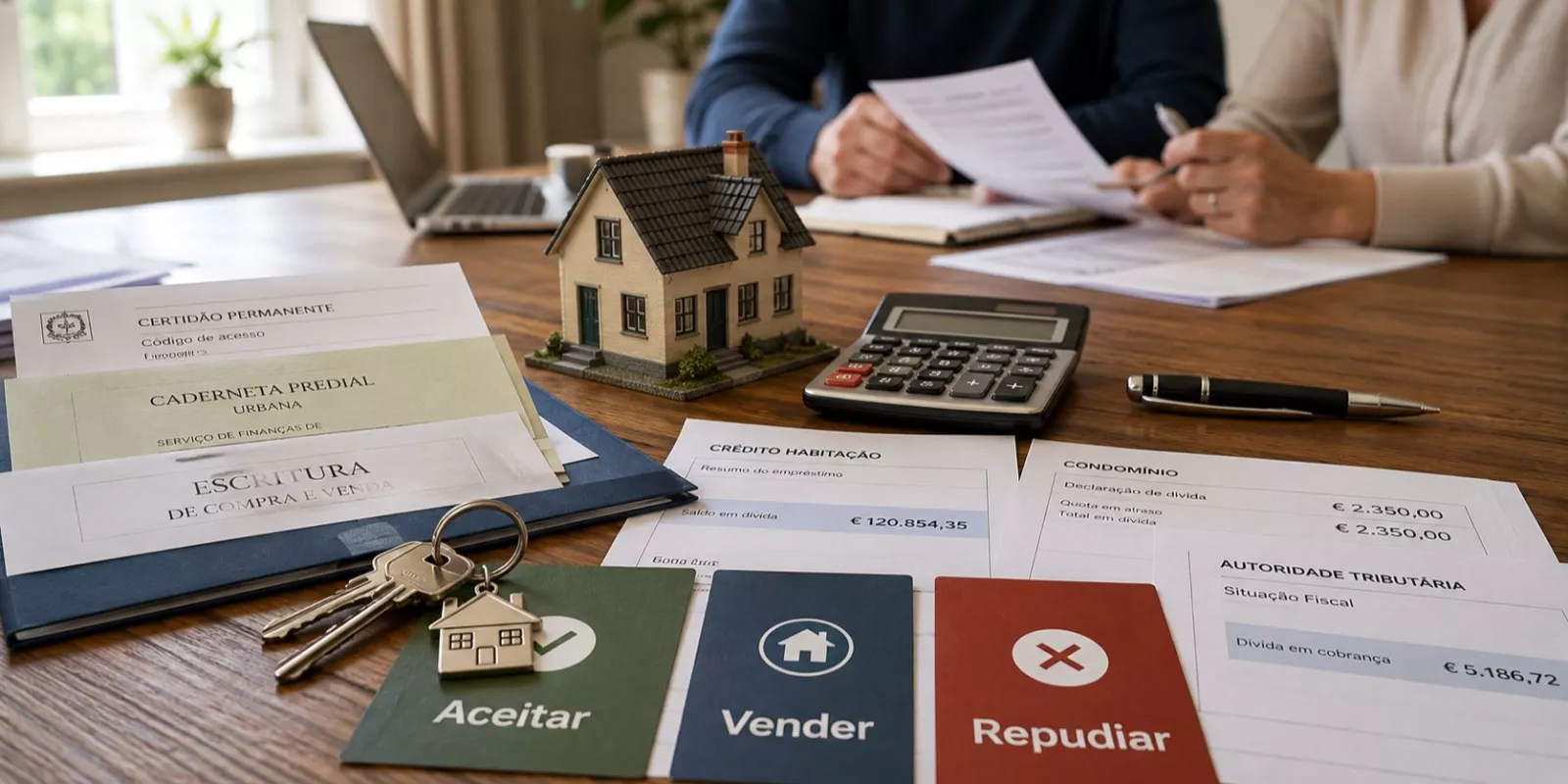 documentos de herança, chave de casa e calculadora numa mesa, representando a decisão entre aceitar, vender ou repudiar uma herança com dívidas em Portugal.