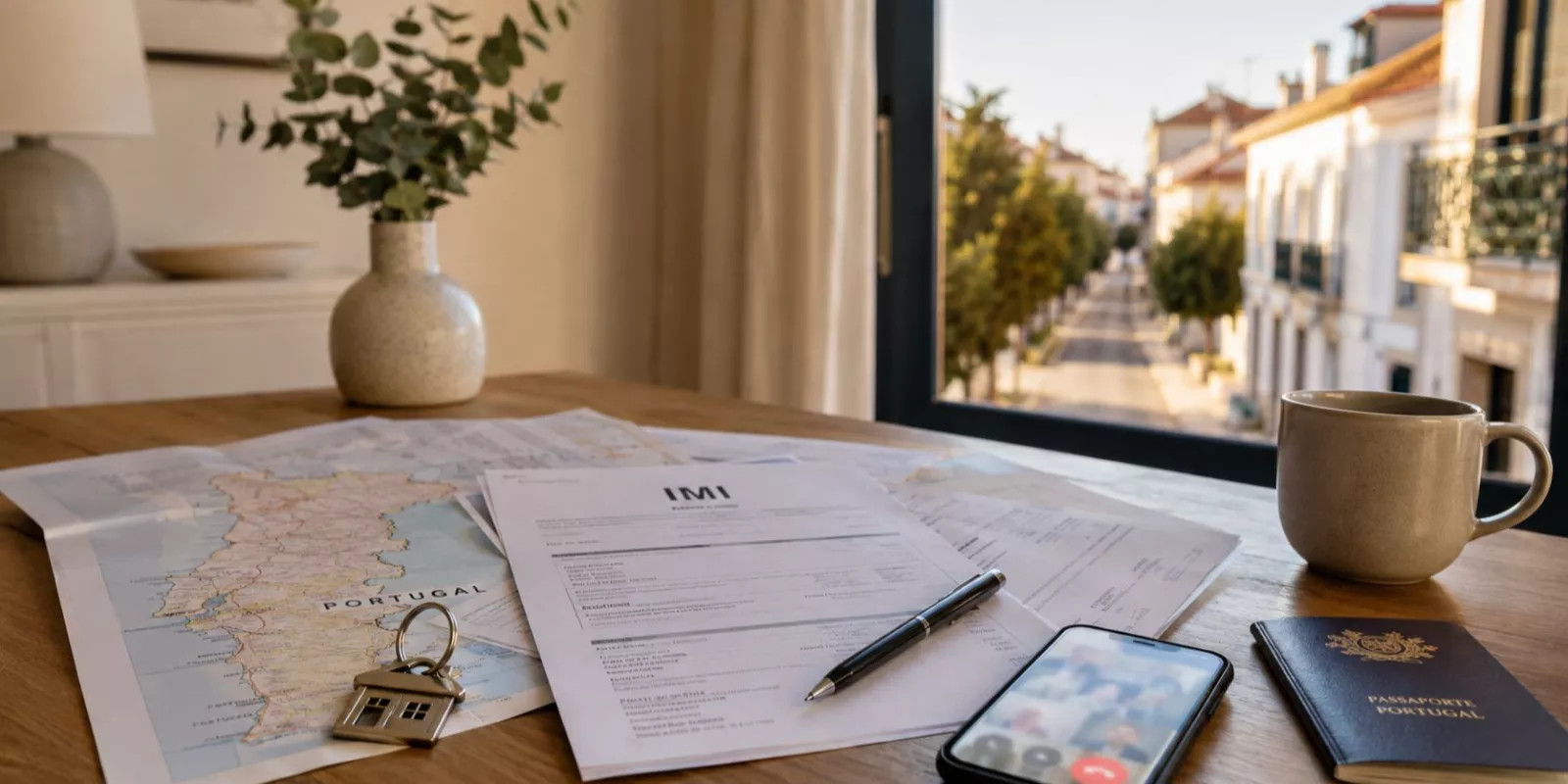 Proprietário não residente com casa em Portugal a organizar documentos fiscais, IMI e obrigações associadas ao imóvel.