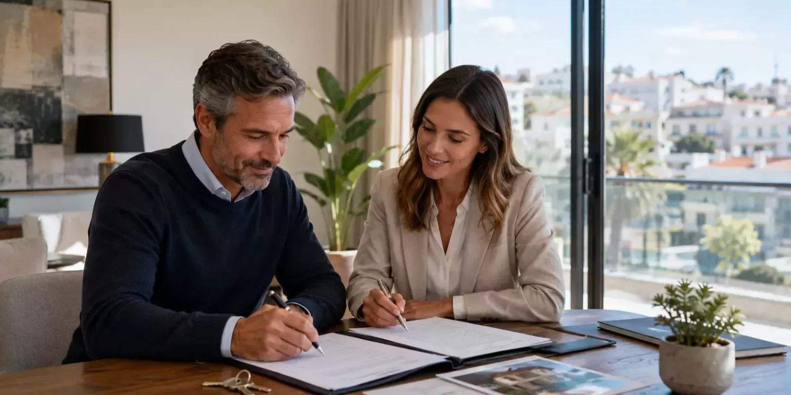 Senhorio a assinar contrato de arrendamento com apoio de consultora imobiliária em Cascais, Lisboa e Sintra.