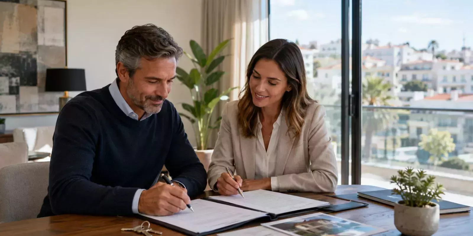Senhorio a assinar contrato de arrendamento com apoio de consultora imobiliária em Cascais, Lisboa e Sintra.
