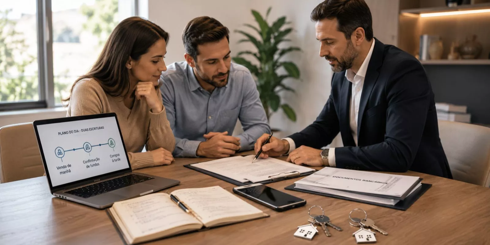 Consultor imobiliário a orientar um casal sobre como vender casa e comprar outra no mesmo dia, com documentos, chaves e plano de escritura sobre a mesa.