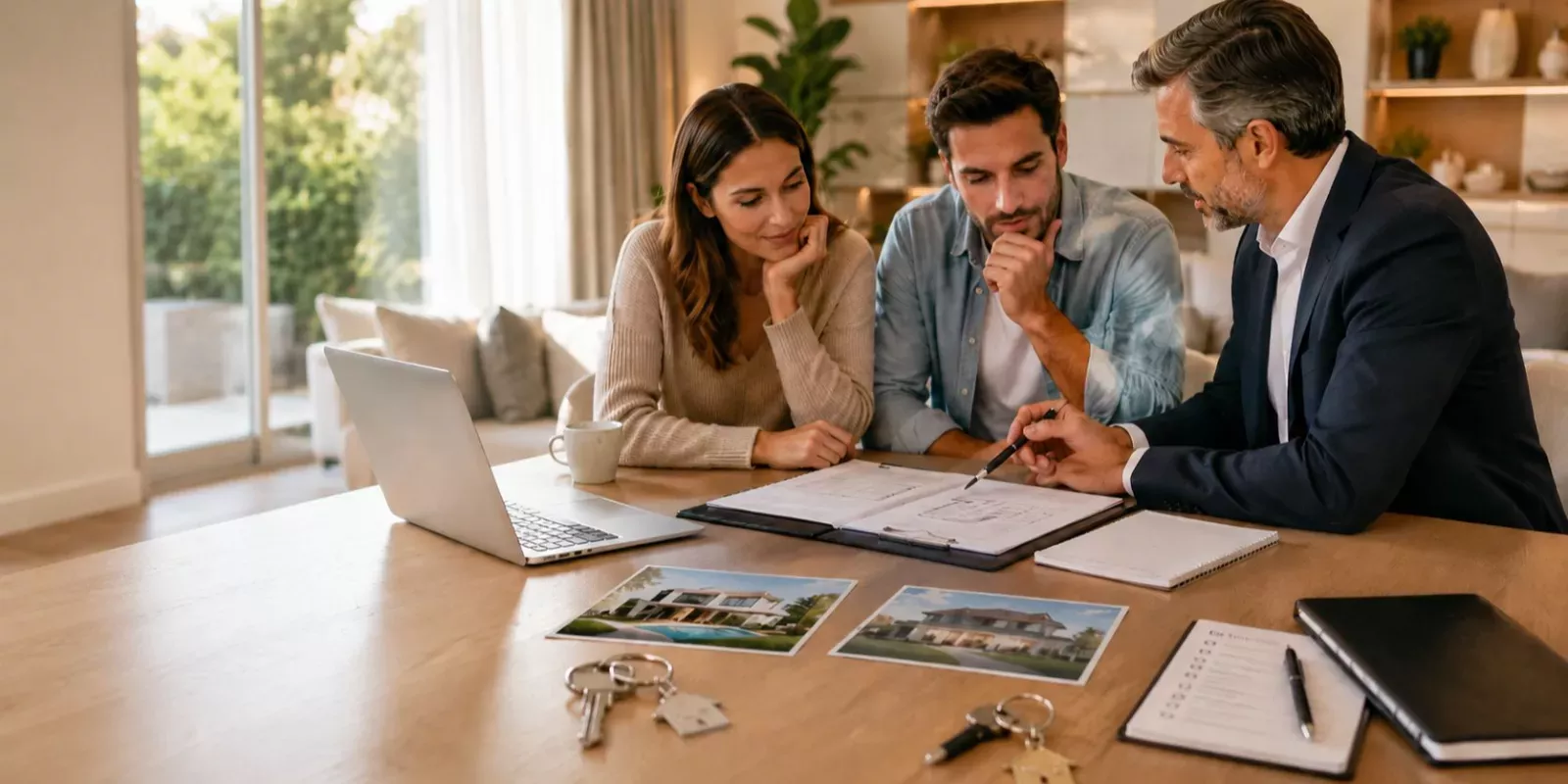 Casal analisa uma proposta de compra com um consultor imobiliário antes de decidir se deve vender a casa sem ter encontrado a próxima.