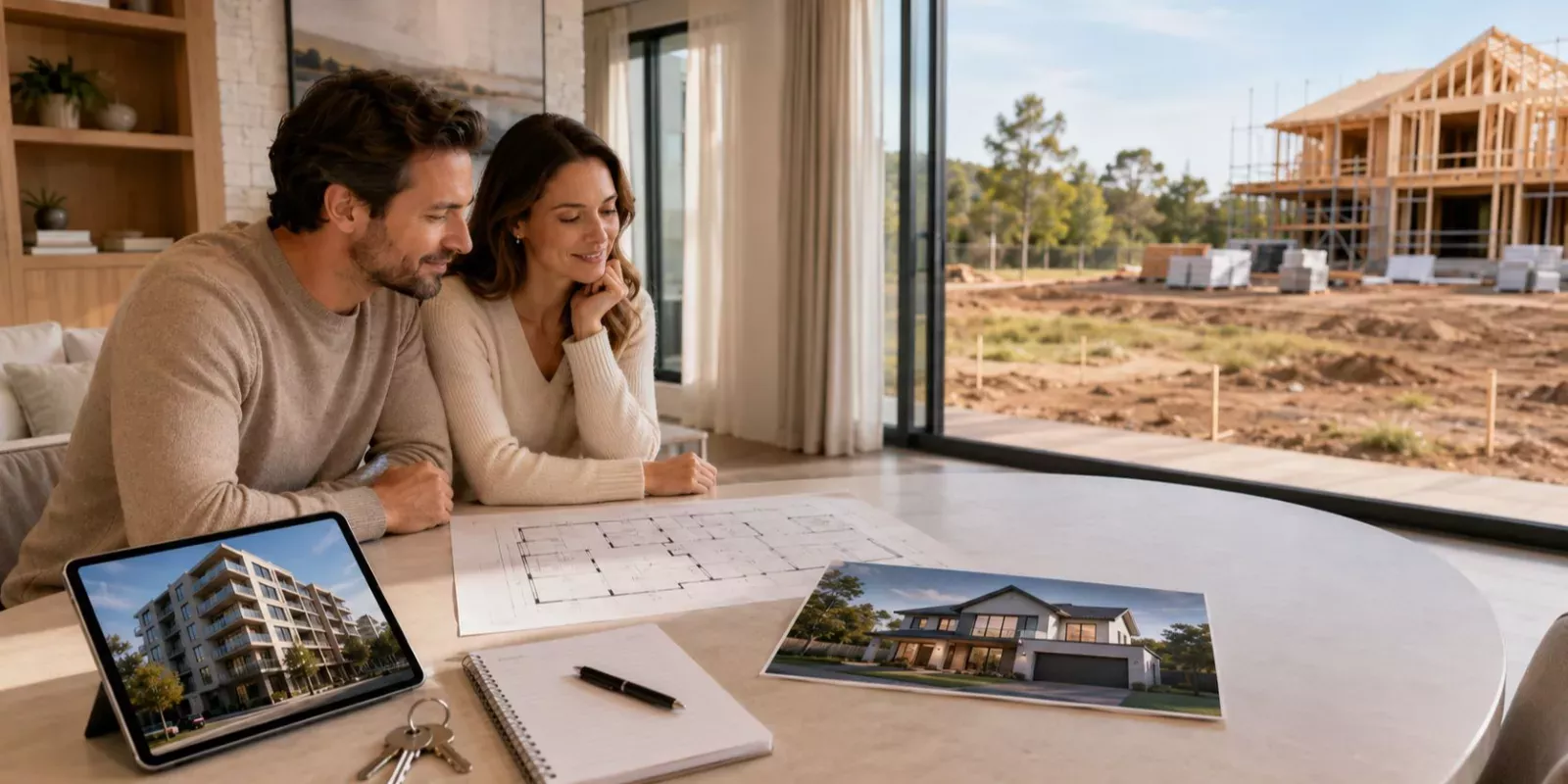 Casal analisa a venda de um apartamento para comprar terreno e construir uma nova casa, com planta da moradia e obra visível ao fundo.