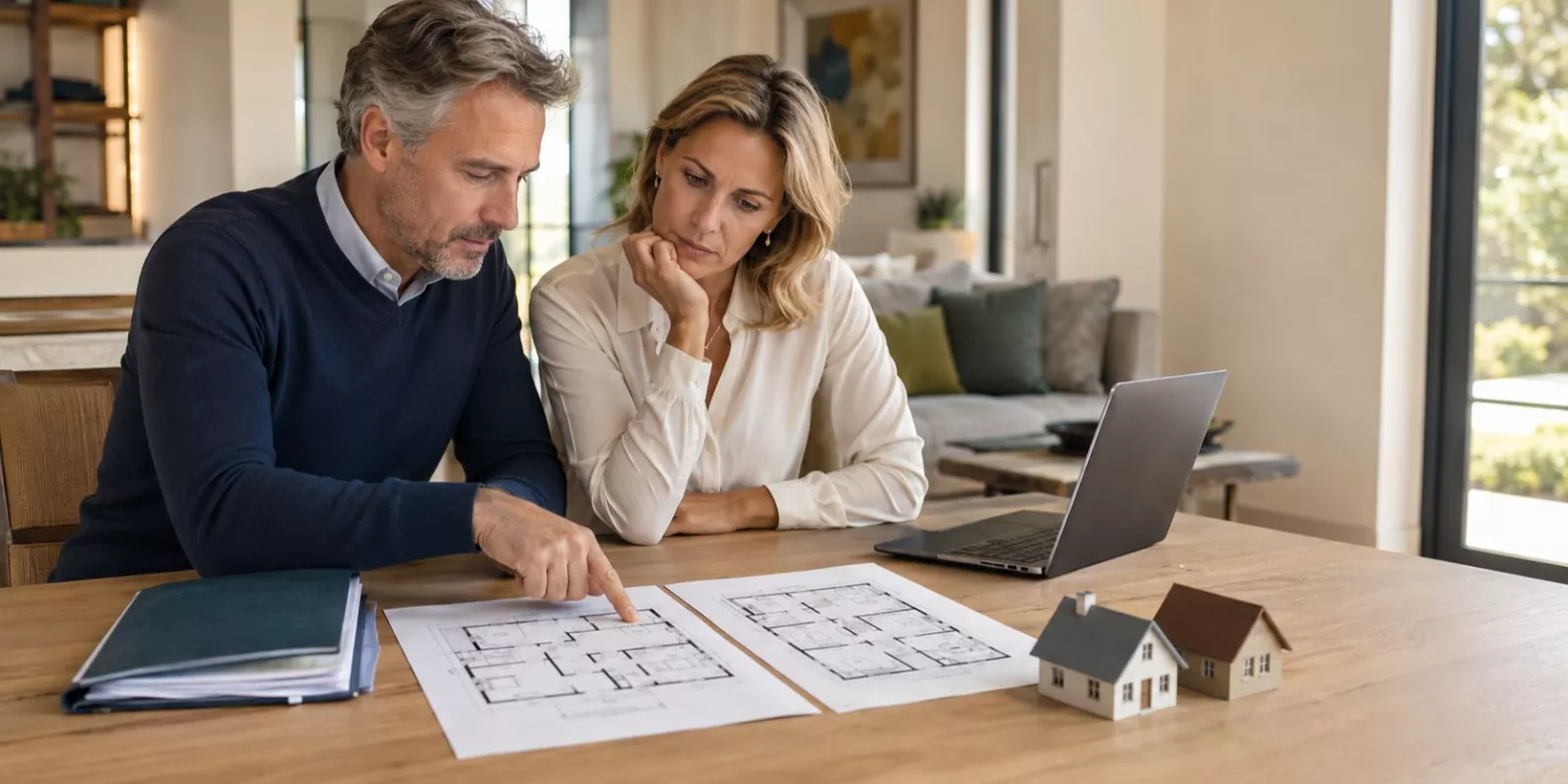 Casal analisa duas plantas de casas antes de decidir comprar uma nova casa sem vender primeiro a atual.