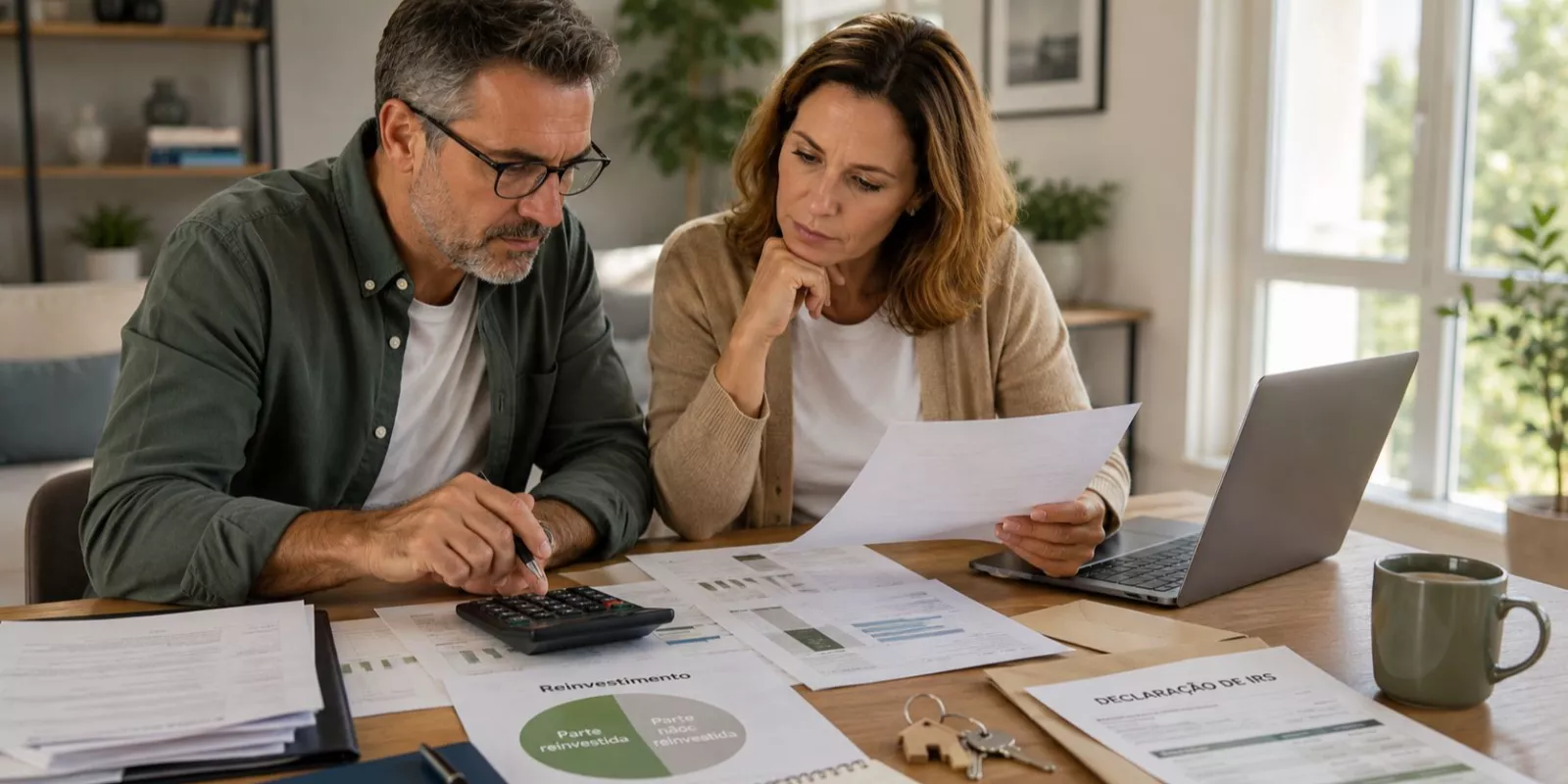 Casal analisa documentos fiscais, calculadora e gráfico de percentagem para calcular o impacto do reinvestimento parcial nas mais-valias imobiliárias.