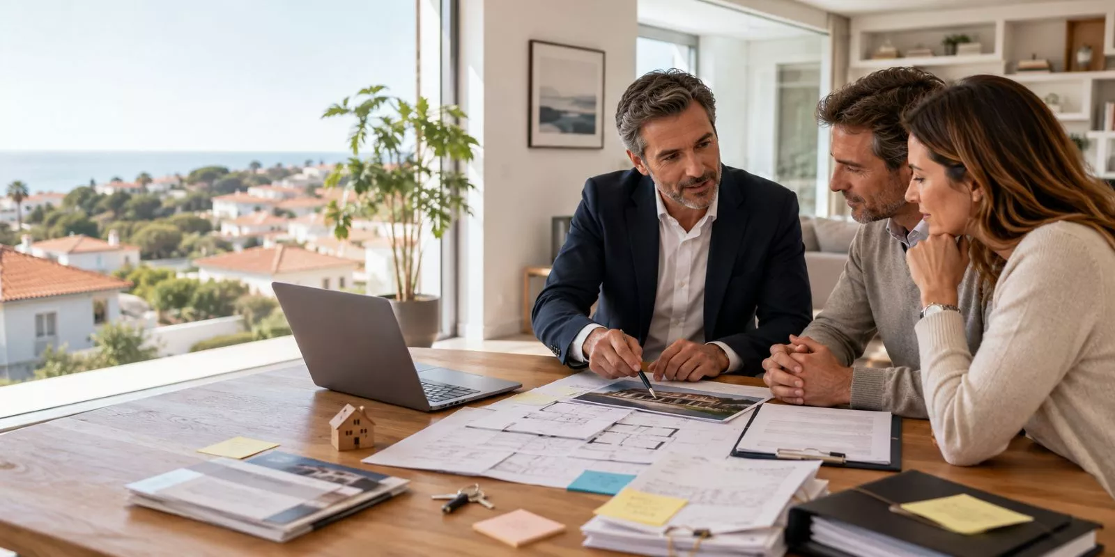 Consultor imobiliário analisa documentos de um imóvel complexo com proprietários em Cascais.