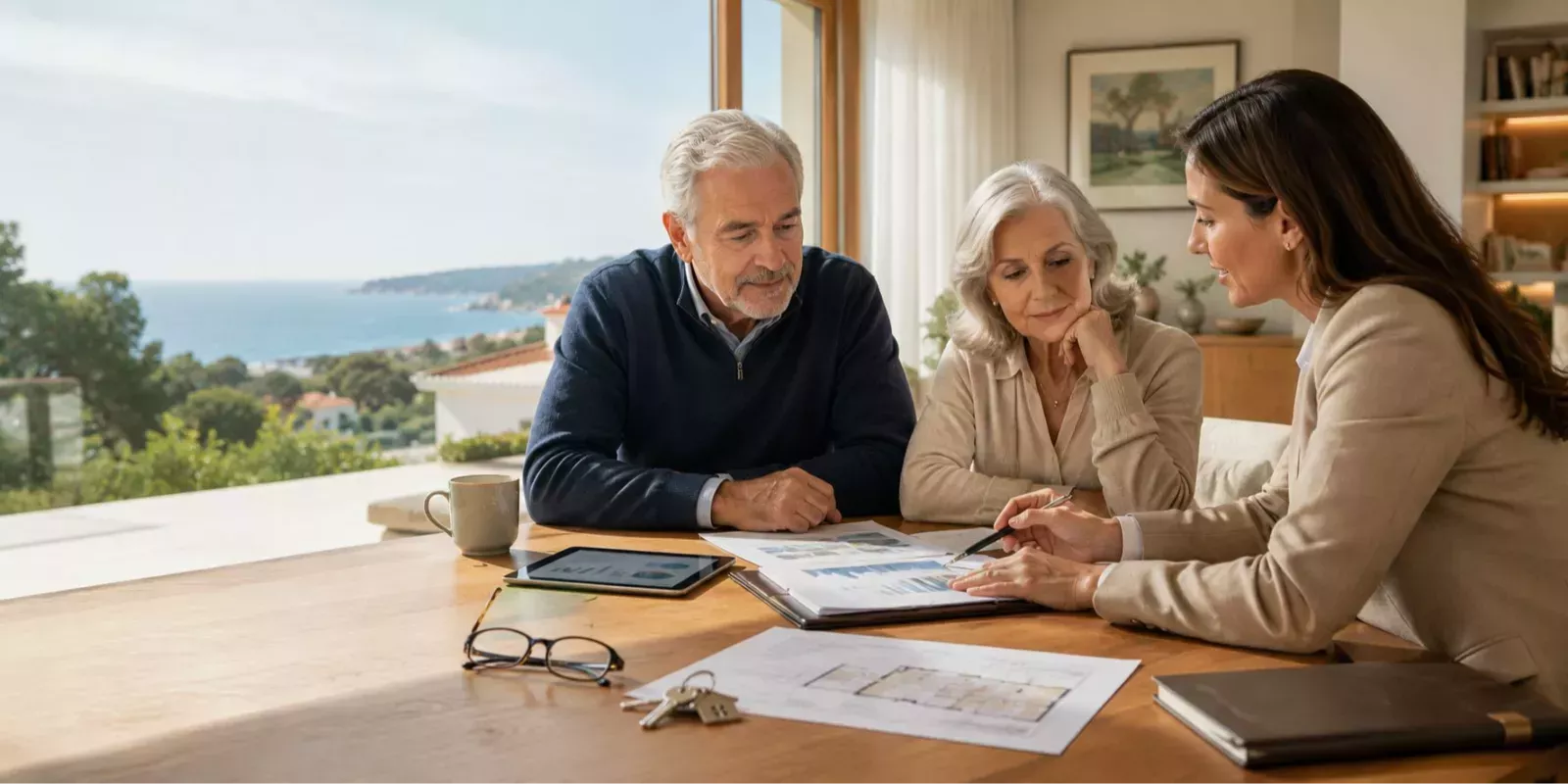 Casal sénior conversa com consultora imobiliária antes de vender a sua casa em Cascais.