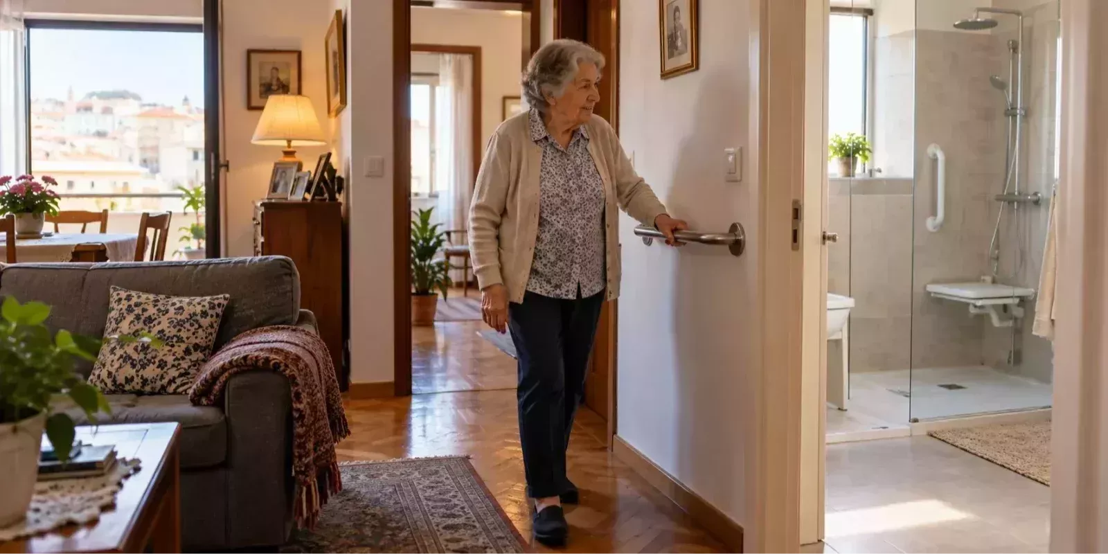 Mulher sénior numa casa adaptada para envelhecer com segurança e autonomia