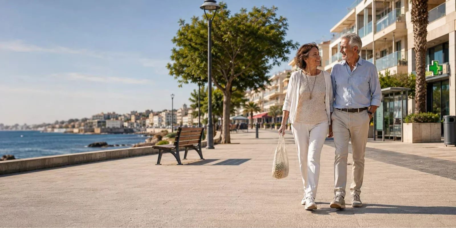 Casal sénior a caminhar junto ao mar numa zona acessível da Linha de Cascais